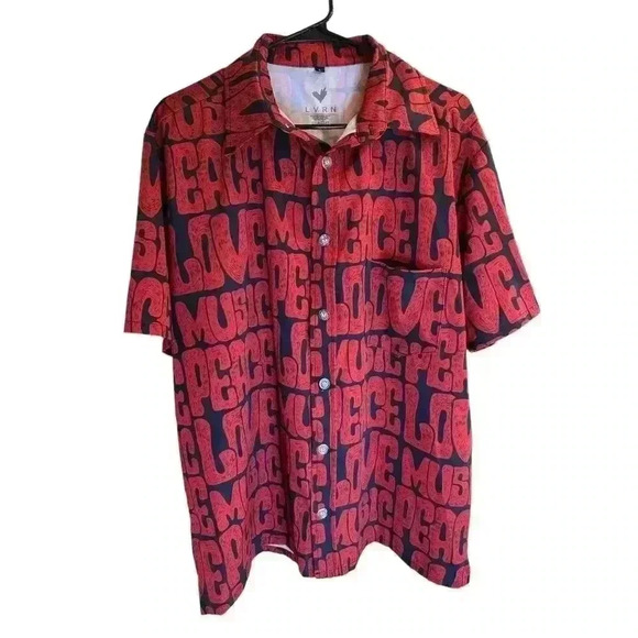 LVRN Love, Peace, Music Black and Red Button Up Shirt in Large, Rare, Pre-Owned - Picture 1 of 4
